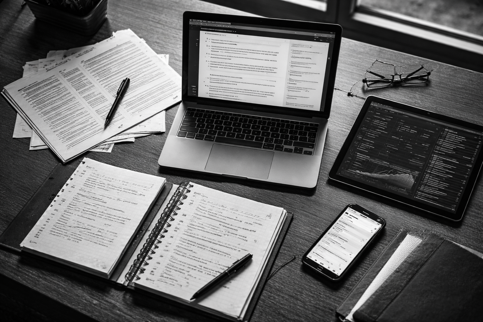 Organized desk workspace showing intelligence workflow