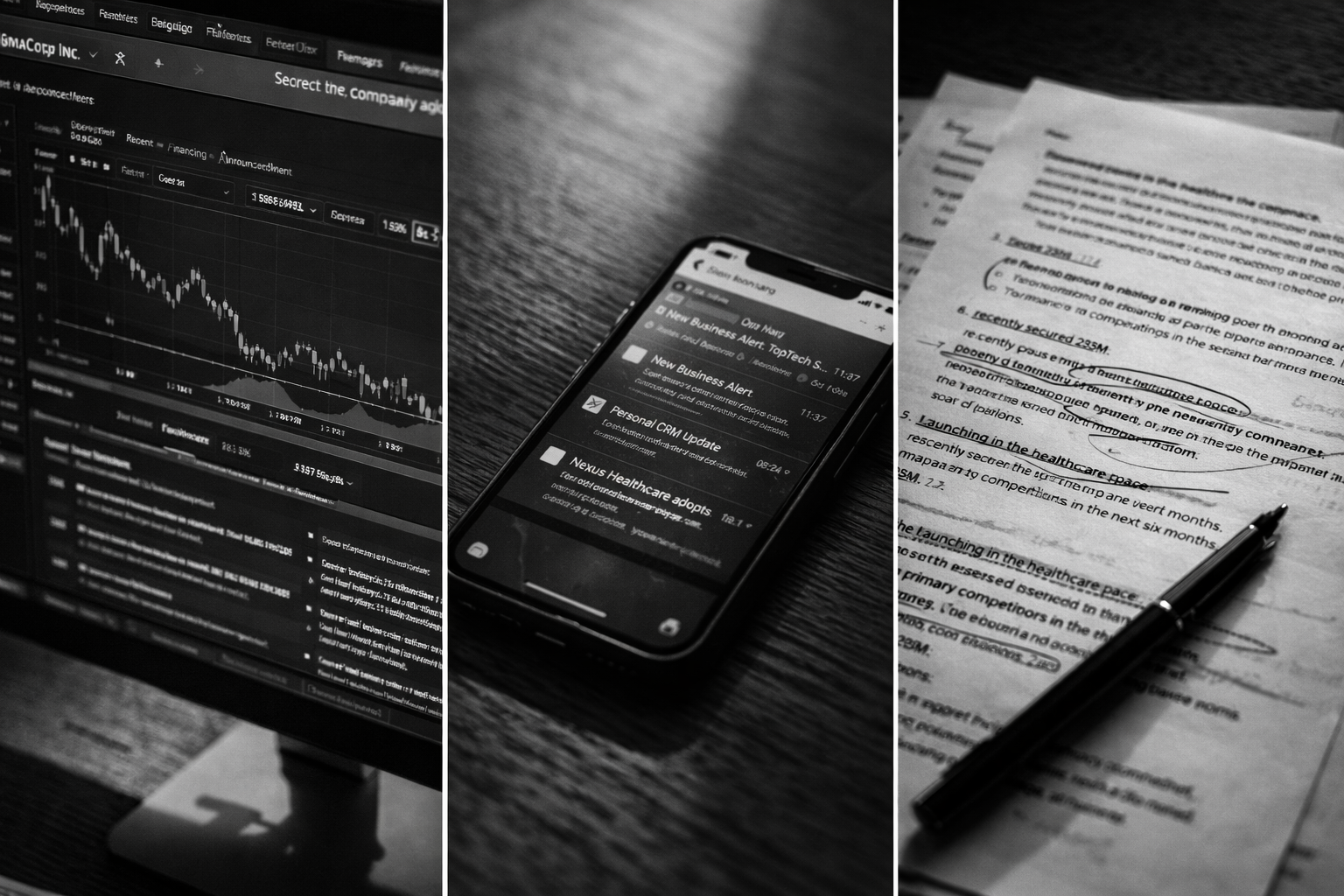 Three intelligence dimensions - monitor, smartphone, and documents